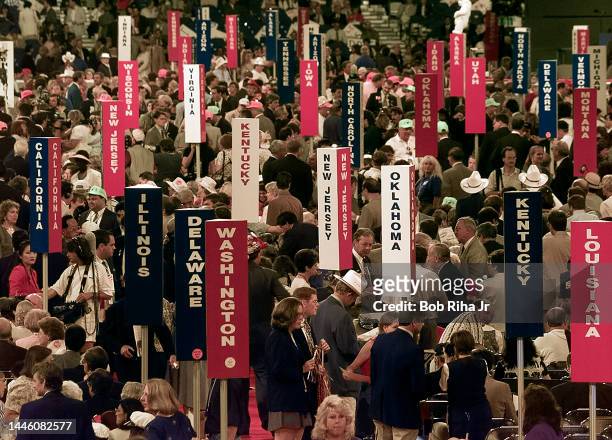 The San Diego Convention Center floor with State signs with Delegates at the Republican National Convention, August 12, 1996 in San Diego, California.