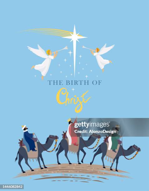 ilustrações, clipart, desenhos animados e ícones de três reis magos. poinsétia. cartaz do presépio. - dia de reis