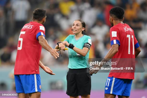 Referee Stephanie Frappart speaks to Celso Borges of Costa Rica during the FIFA World Cup Qatar 2022 Group E match between Costa Rica and Germany at...