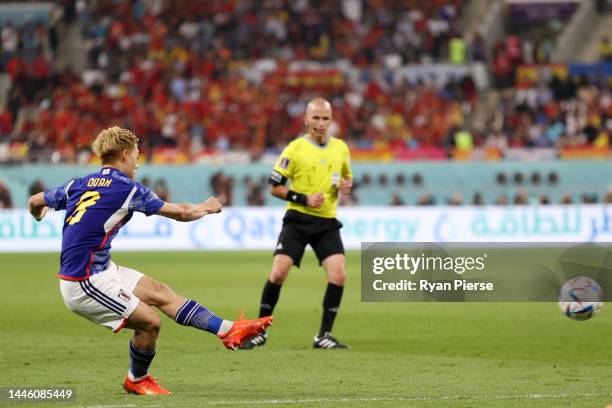 Ritsu Doan of Japan scores the team's first goal during the FIFA World Cup Qatar 2022 Group E match between Japan and Spain at Khalifa International...