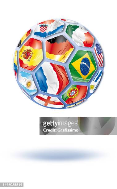 illustrazioni stock, clip art, cartoni animati e icone di tendenza di palloni da calcio con diverse bandiere nazionali su sfondo bianco - middle east flag