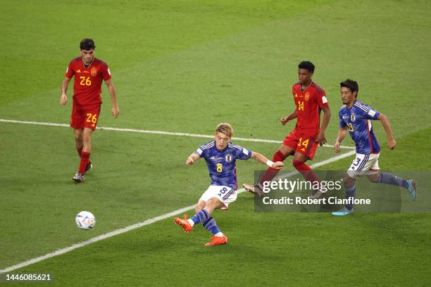 Ritsu Doan of Japan scores the team's first goal during the FIFA World Cup Qatar 2022 Group E match between Japan and Spain at Khalifa International...