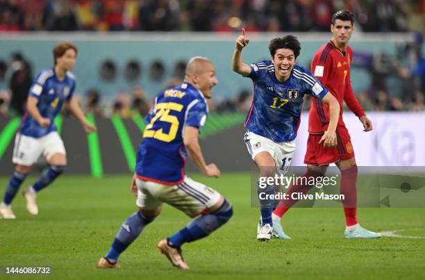 Ao Tanaka of Japan celebrates after scoring the team's second goal during the FIFA World Cup Qatar 2022 Group E match between Japan and Spain at...