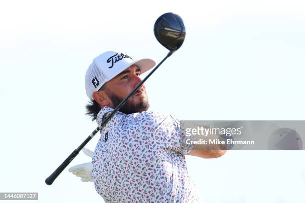 Max Homa of the United States plays his shot from the 15th tee during the first round of the Hero World Challenge at Albany Golf Course on December...