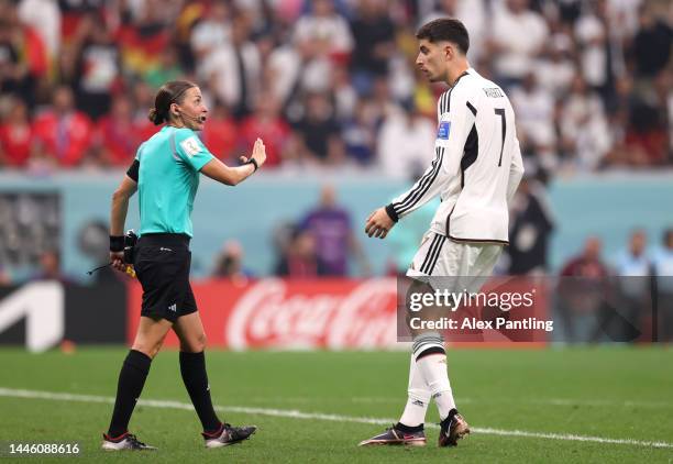 Referee Stephanie Frappart speaks with Kai Havertz of Germany during the FIFA World Cup Qatar 2022 Group E match between Costa Rica and Germany at Al...