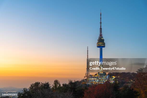 n seoul tower in autumn at namsan mountain park in seoul city - namsan seoul bildbanksfoton och bilder