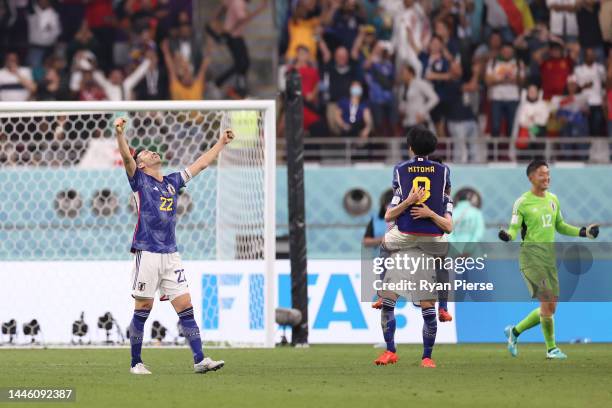 Maya Yoshida of Japan celebrates his side's 2-1 victory and gone through to the knock out stage after the FIFA World Cup Qatar 2022 Group E match...
