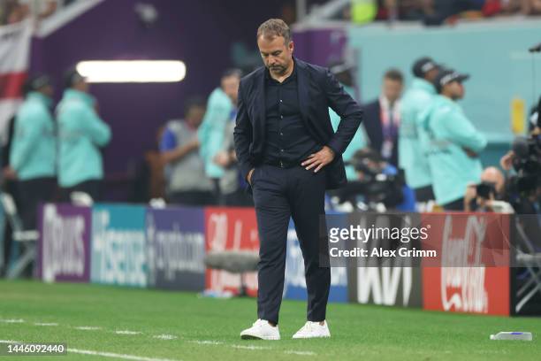 Hansi Flick, Head Coach of Germany, reacts after the FIFA World Cup Qatar 2022 Group E match between Costa Rica and Germany at Al Bayt Stadium on...