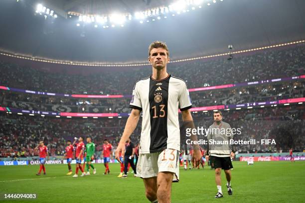 Thomas Mueller of Germany looks dejected after their sides' elimination from the tournament during the FIFA World Cup Qatar 2022 Group E match...