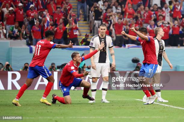 Juan Pablo Vargas of Costa Rica celebrates after their sides second goal during the FIFA World Cup Qatar 2022 Group E match between Costa Rica and...