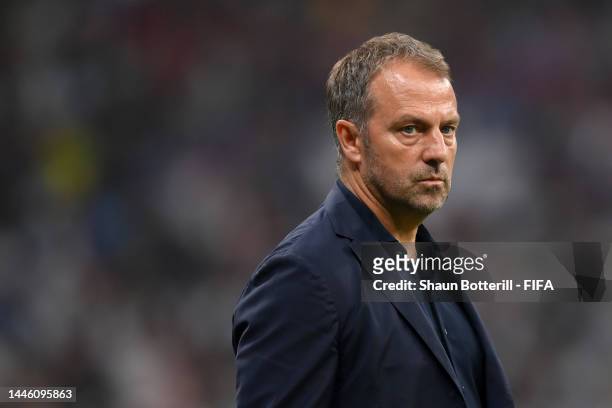 Hansi Flick, Head Coach of Germany, looks on during the FIFA World Cup Qatar 2022 Group E match between Costa Rica and Germany at Al Bayt Stadium on...