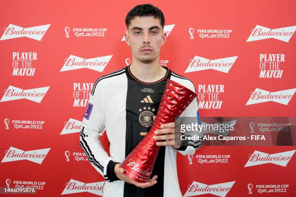 Kai Havertz of Germany poses with the Budweiser Player of the Match Trophy following the FIFA World Cup Qatar 2022 Group E match between Costa Rica...