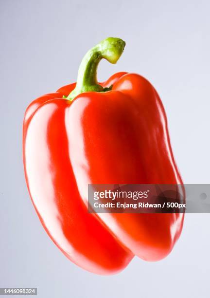 close-up of red bell pepper against white background - red bell pepper fotografías e imágenes de stock