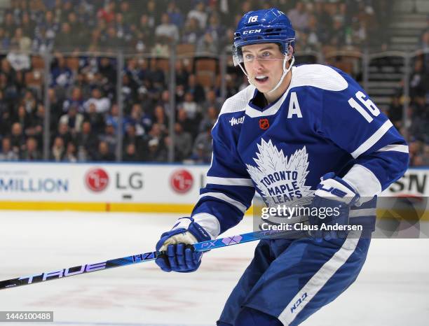 Mitchell Marner of the Toronto Maple Leafs skates against the San Jose Sharks during an NHL game at Scotiabank Arena on November 30, 2022 in Toronto,...