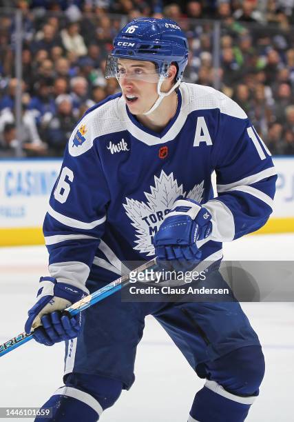 Mitchell Marner of the Toronto Maple Leafs skates against the San Jose Sharks during an NHL game at Scotiabank Arena on November 30, 2022 in Toronto,...