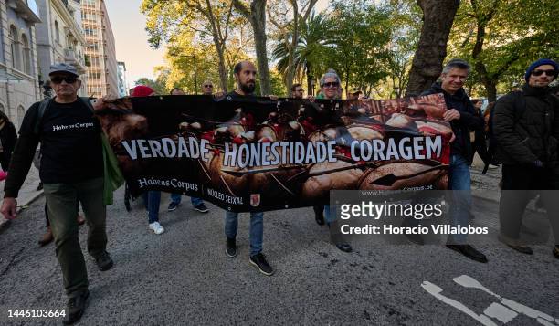 Members of "Habeas Corpus" and "2126" associations carry a banner while parading in protest for human rights through Avenida da Liberdade, on...