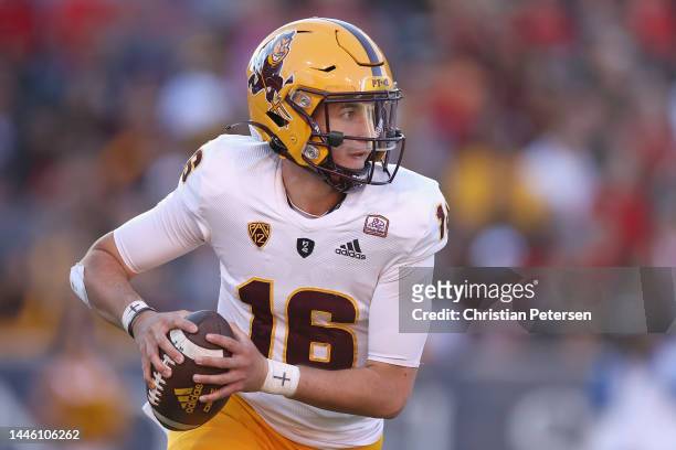 Quarterback Trenton Bourguet of the Arizona State Sun Devils looks to pass during the second half of the NCAAF game at Arizona Stadium on November...