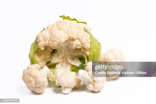 fresh cauliflower isolated on white background - vegetarian loaves stock pictures, royalty-free photos & images