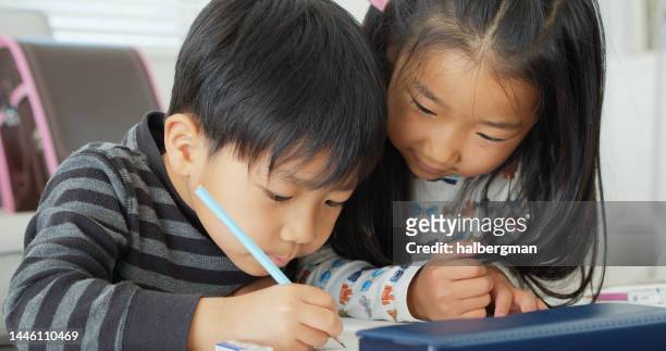 écolière japonaise aidant le petit frère avec des devoirs - langues étrangères photos et images de collection