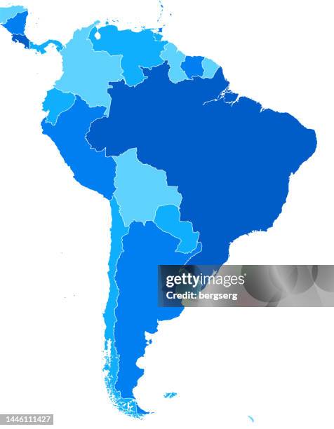 south america high detailed blue map with countries and international borders - chile stock illustrations
