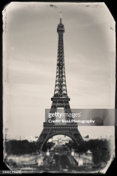 old postcard (image manipulation) of the eiffel tower from the esplanade du trocadero, paris, france - paris postcard stock pictures, royalty-free photos & images