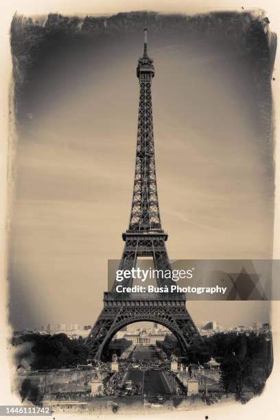 old postcard (image manipulation) of the eiffel tower from the esplanade du trocadero, paris, france - trocadero esplanade stock-fotos und bilder
