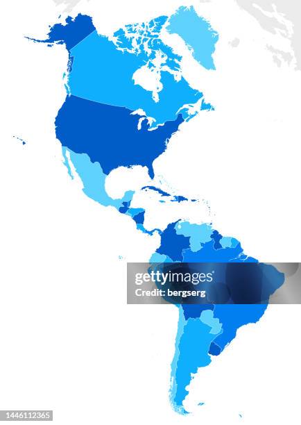 north and south america high detailed blue map with countries, regions and borders - south america map vector stock illustrations