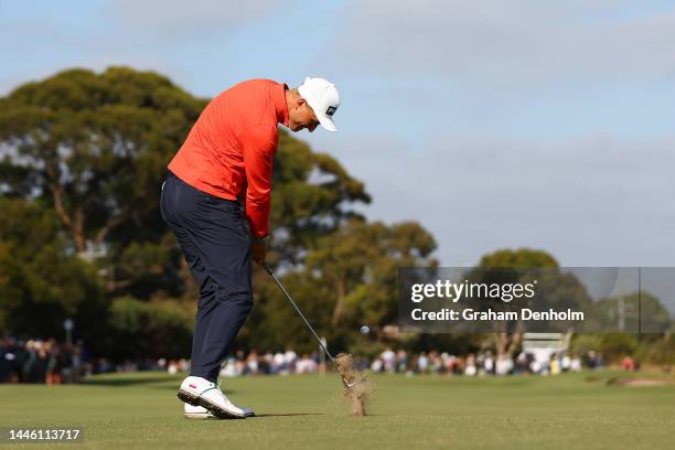 Adrian Meronk of Poland plays a shot during Day 2 of the 2022 ISPS HANDA Australian Open at Kingston Heath on December 02, 2022 in Melbourne,...