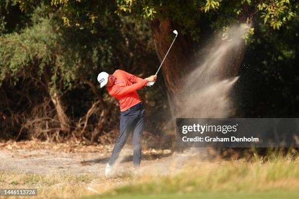 Adrian Meronk of Poland plays a shot during Day 2 of the 2022 ISPS HANDA Australian Open at Kingston Heath on December 02, 2022 in Melbourne,...