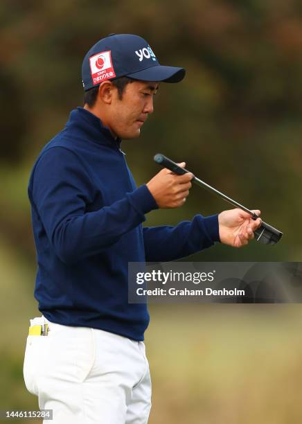 Takumi Kanaya of Japan lines up a putt during Day 2 of the 2022 ISPS HANDA Australian Open at Kingston Heath on December 02, 2022 in Melbourne,...