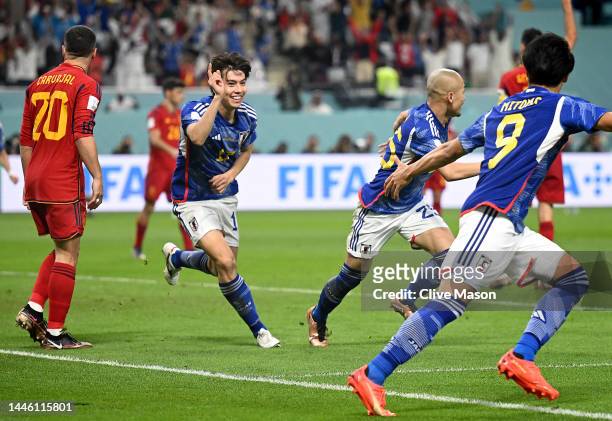 Ao Tanaka of Japan celebrates after scoring the team's second goal during the FIFA World Cup Qatar 2022 Group E match between Japan and Spain at...