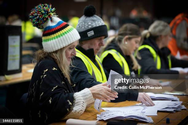 Counter verifies postal votes during counting in the City of Chester parliamentary by-election at the Northgate Arena Leisure Centre on December 1,...