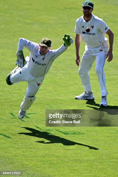 Jake Doran of the Tigers attempts a catc during the Sheffield Shield match between Tasmania and South Australia at Blundstone Arena, on December 02...