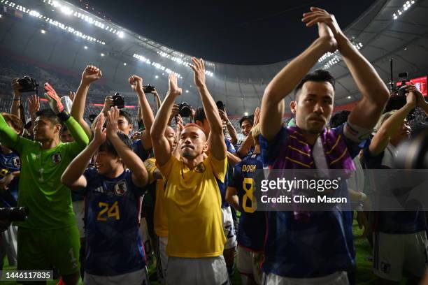 Maya Yoshida of Japan applauds fans after the 2-1 win and qualifying for the knockout stages during the FIFA World Cup Qatar 2022 Group E match...