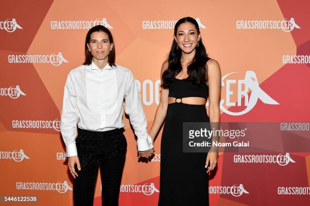 Soccer players Tobin Heath and Christen Press attend the Grassroot Soccer's 8th Annual World AIDS Day Gala at The Ziegfeld Ballroom on December 01,...