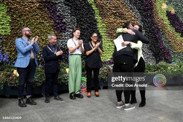 Rainbow Champions Teddy Cook, William Yang, Shane Jenek and Kylie Kwong look on as Ian Thorpe receives his Rainbow Champion medallion from Sydney...