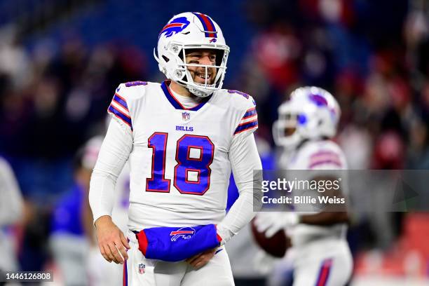Quarterback Case Keenum of the Buffalo Bills warms up before the start of their game against the New England Patriots at Gillette Stadium on December...