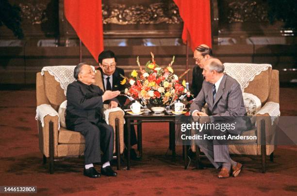 Chinese leader Deng Xiaoping and Soviet leader Mikhail Gorbachev, Beijing, China, May 1989.
