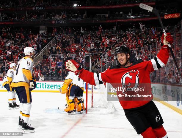 Jesper Bratt of the New Jersey Devils celebrates his goal at 2:30 of the second period on the powerplay against Juuse Saros of the Nashville...