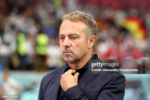 Hans-Dieter Flick, head coach of Germany looks on prior to the FIFA World Cup Qatar 2022 Group E match between Costa Rica and Germany at Al Bayt...