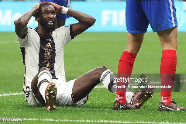 Antonio Rüdiger of Germany looks dejected during the FIFA World Cup Qatar 2022 Group E match between Costa Rica and Germany at Al Bayt Stadium on...