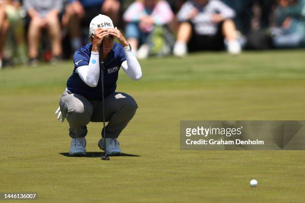 Karrie Webb of Australia lines up a putt during Day 2 of the 2022 ISPS HANDA Australian Open at Kingston Heath on December 02, 2022 in Melbourne,...