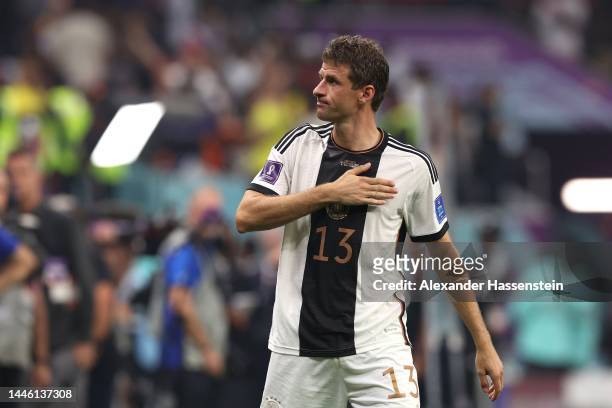 Thomas Mueller of Germany applauds fans after the FIFA World Cup Qatar 2022 Group E match between Costa Rica and Germany at Al Bayt Stadium on...