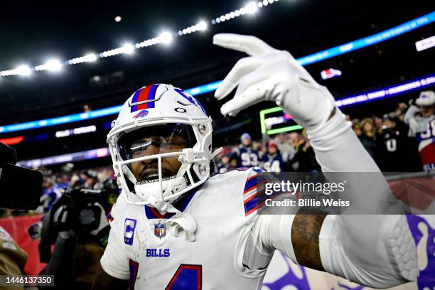 Wide receiver Stefon Diggs of the Buffalo Bills celebrates after catching a first half touchdown pass against the New England Patriots at Gillette...