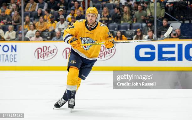 Nino Niederreiter of the Nashville Predators skates against the Anaheim Ducks during an NHL game at Bridgestone Arena on November 29, 2022 in...