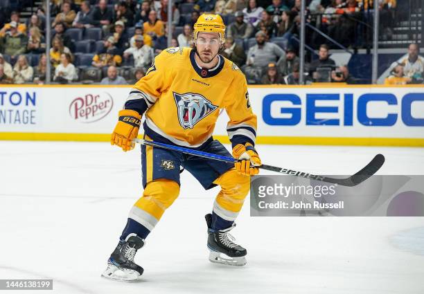 Ryan McDonagh of the Nashville Predators skates against the Anaheim Ducks during an NHL game at Bridgestone Arena on November 29, 2022 in Nashville,...