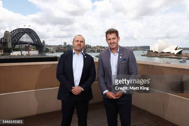 Rugby Australia CEO Andy Marinos and New Zealand Rugby CEO Mark Robinson pose during a Super Rugby media announcement by Rugby Australia and New...