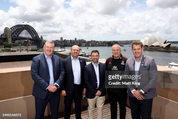 Rugby CEO Paul Doorn, Rugby Australia CEO Andy Marinos, Auckland Blues CEO Andrew Hore, Crusaders CEO Colin Mansbridge and New Zealand Rugby CEO Mark...