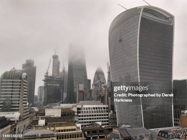 the city of london towers in the mist from the monument in the rain - 122 leadenhall street fotografías e imágenes de stock