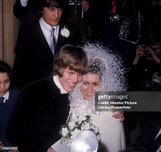 Peter Noone of UK pop group Hermans Hermits photographed at his wedding to Mireille Strasser in 1967.;